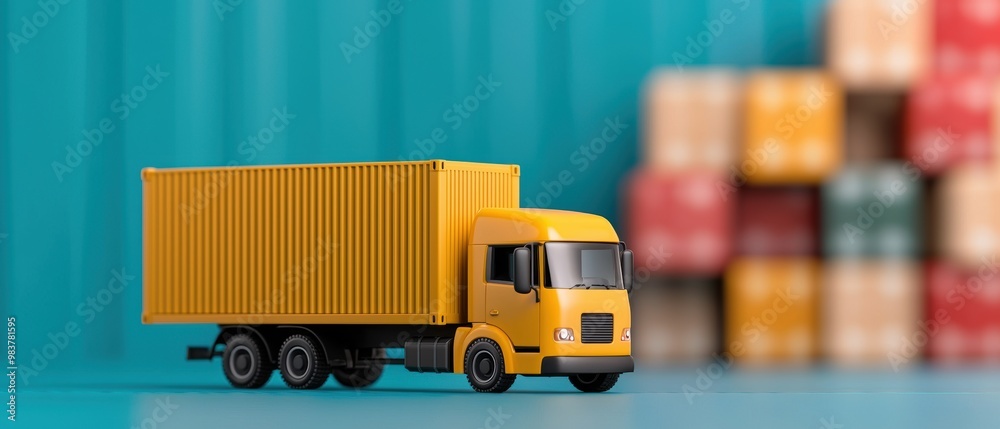 Fototapeta premium Yellow Truck with Container on Colorful Background