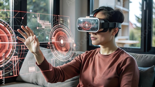 Asian man Wearing VR Glasses Interacting with Holographic Interfaces photo