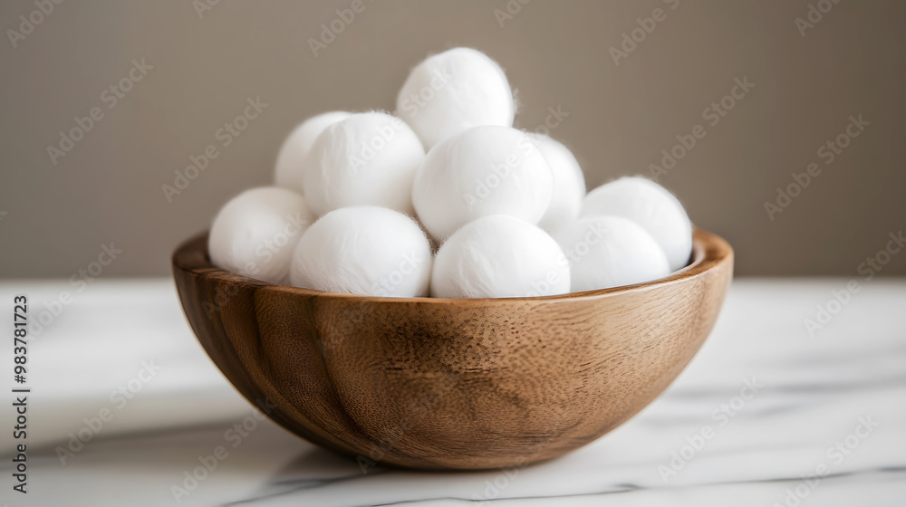 Organic cotton balls nestled in a wooden bowl, highlighting their gentle texture and eco-conscious Organic cotton balls nestled in a wooden bowl, highlighting their gentle texture and eco-conscious
