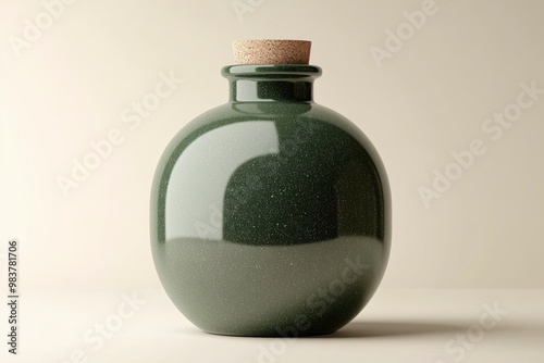 Green Glass Bottle with Cork Stopper on a White Background