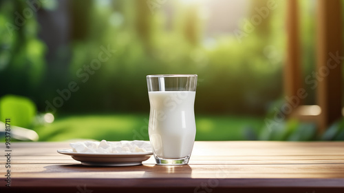 HD stock photo of a glass of milk on a plate on a wooden table with lush landscape backgrounds, bokeh panorama, and a play of light and shadow, evoking contemplative absurdity