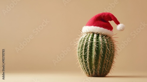 A close-up of a cactus wearing a Christmas hat on a beige background, blending festive and _1(20) photo