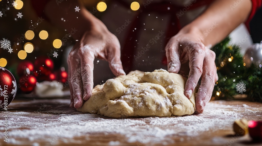 A close-up of hands kneading dough with Christmas decorations in the background A close-up of hands kneading dough with Christmas decorations in the background