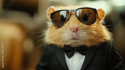 Cute hamster in sunglasses and tuxedo, looking ready for a party or special occasion. Fun, charming, and fashionable pet attire. photo