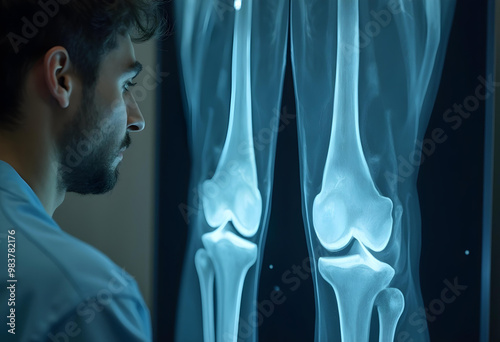 A doctor examines an X ray of patients knee, focusing intently on details of joint. image highlights importance of orthopedic assessments in diagnosing knee issues photo