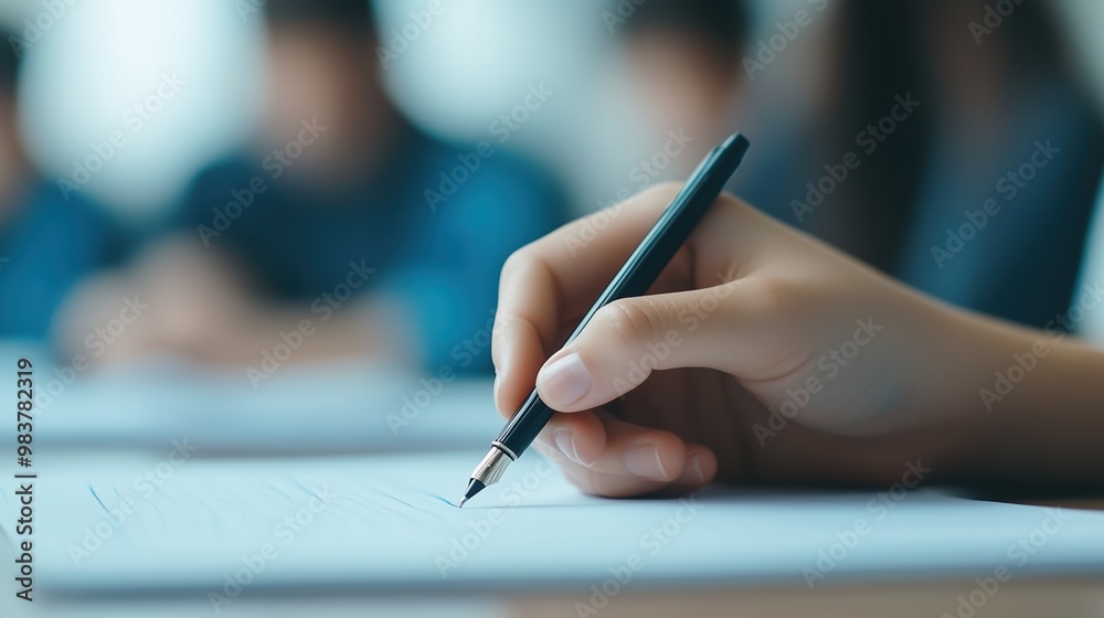 A focused student writing on paper with a pen, in a classroom setting. Ideal for educational and academic themes. A focused student writing on paper with a pen, in a classroom setting. Ideal for educational and academic themes.