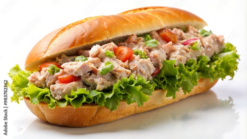 Freshly made hoagie sandwich on a crisp white surface showcases creamy tuna salad, tenderly placed on a soft,