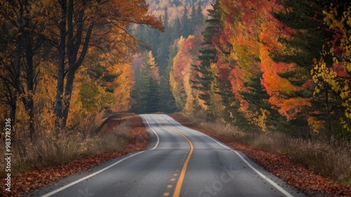 Road winding through Algonquin Provincial Park in fall with vibrant autumn colors, Ontario, Canada