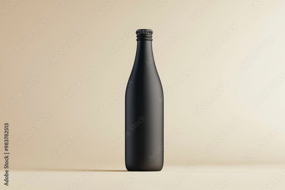 Black Glass Bottle with a Silver Cap on a Beige Background Black Glass Bottle with a Silver Cap on a Beige Background