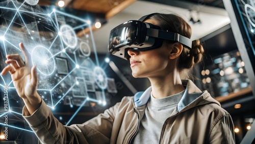 Woman Wearing VR Glasses Interacting with Holographic Interfaces photo