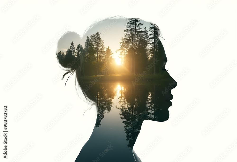 A serene landscape is beautifully captured within outline of human head, showcasing tranquil scene of trees and reflective water surface. This artistic representation evokes sense of peace and connect A serene landscape is beautifully captured within outline of human head, showcasing tranquil scene of trees and reflective water surface. This artistic representation evokes sense of peace and connect