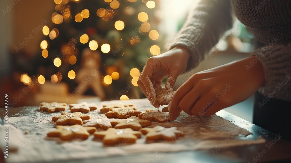 A person making christmas cookies on a table with a christmas tree in the background. Imaginary photorealistic image. A person making christmas cookies on a table with a christmas tree in the background. Imaginary photorealistic image.