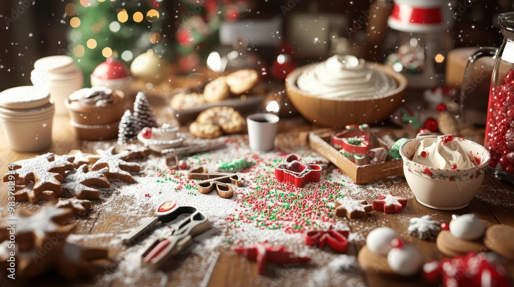A table covered with Christmas baking supplies including cookie cutters frosting and sprinkles A table covered with Christmas baking supplies including cookie cutters frosting and sprinkles