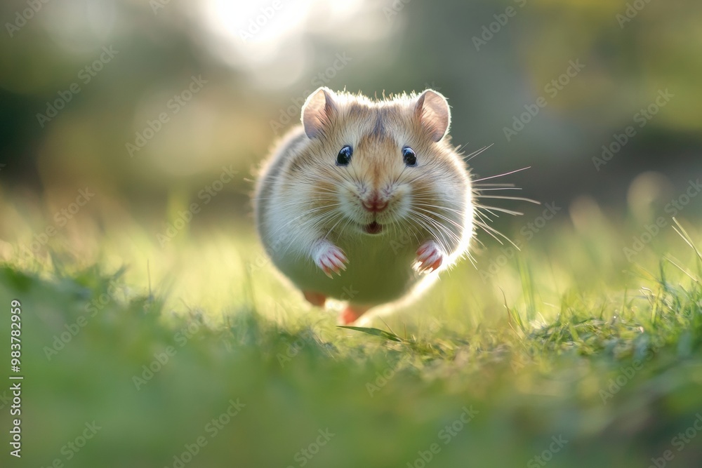 Close-up of a hamster running on a green grass meadow. Close-up of a hamster running on a green grass meadow.
