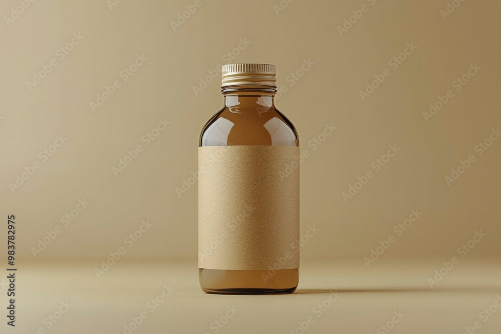 Glass Bottle with Brown Paper Label on Beige Background Glass Bottle with Brown Paper Label on Beige Background