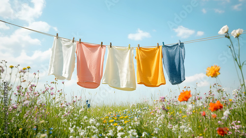outdoor shot of freshly laundered clothes hanging on a line, surrounded by fields of flowers