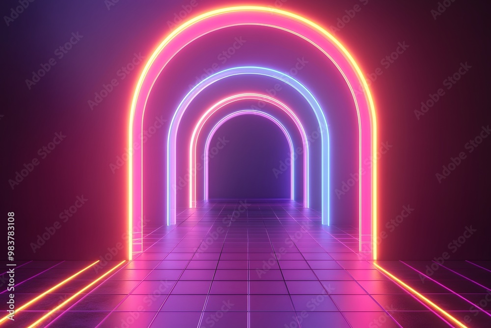 Neon light arches in the background with a grid floor. Abstract, glowing neon lines and geometric shapes on a dark background. Neon light arches in the background with a grid floor. Abstract, glowing neon lines and geometric shapes on a dark background.