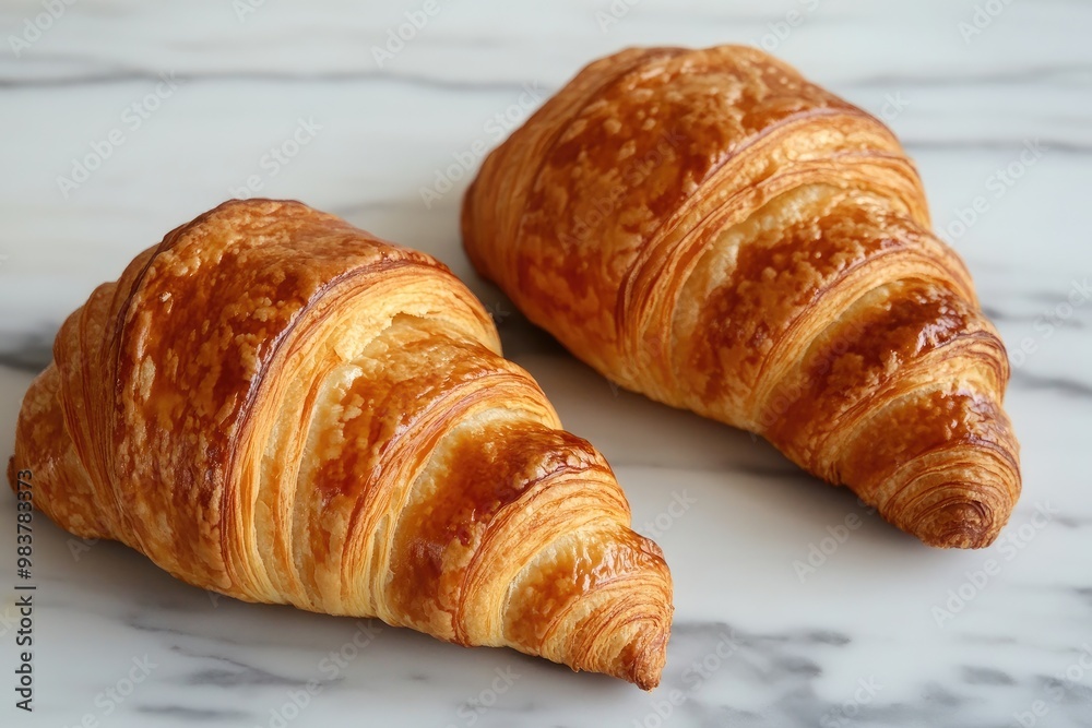 Two Freshly Baked Golden Brown Croissants on Marble Surface Two Freshly Baked Golden Brown Croissants on Marble Surface