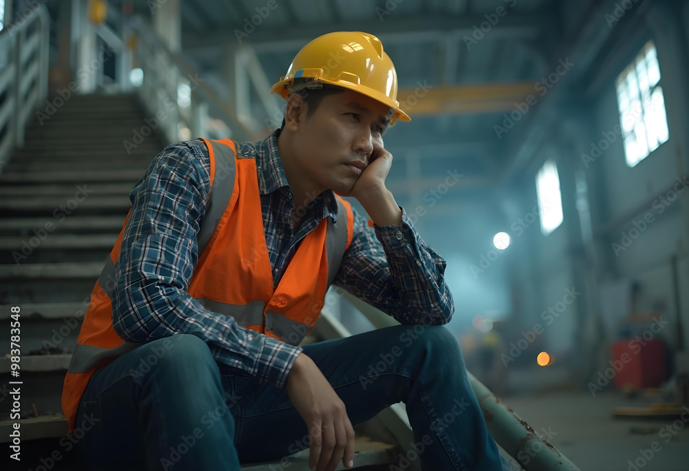Feeling stressed and tired, an unemployed engineer sits on stairs in an industrial setting, wearing safety helmet and reflective vest. atmosphere reflects his challenges Feeling stressed and tired, an unemployed engineer sits on stairs in an industrial setting, wearing safety helmet and reflective vest. atmosphere reflects his challenges