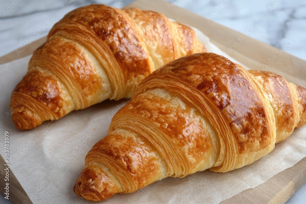 Two Golden Brown Croissants on Parchment Paper Two Golden Brown Croissants on Parchment Paper