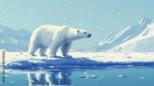 A Polar Bear Standing Majestically on an Ice Floe Under a Clear Blue Arctic Sky