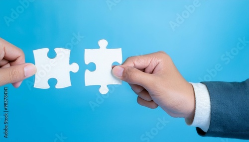 People holds in hand a jigsaw puzzle. Business solutions, success and strategy.Company employees playing game and joining pieces of jigsaw puzzle during team building activity