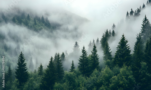 Spruce forest in fog and low clouds. Misty weather in woodland