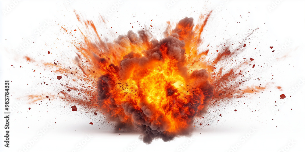 An intense explosion image with flames, bright orange and red sparks, and thick smoke An intense explosion image with flames, bright orange and red sparks, and thick smoke