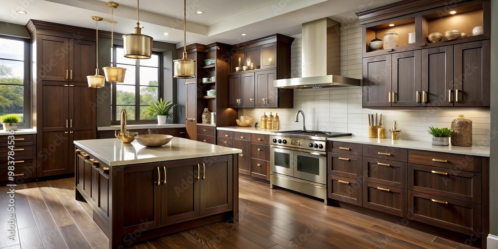 In a contemporary kitchen, dark wood cabinets paired with brass hardware bring a sense of sophistication and In a contemporary kitchen, dark wood cabinets paired with brass hardware bring a sense of sophistication and
