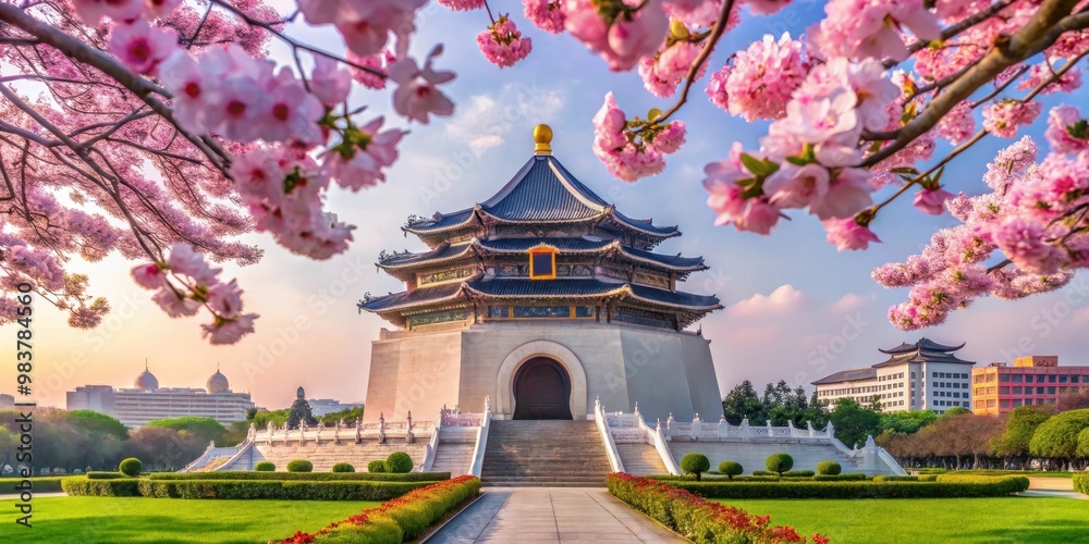 Obraz premium Chiang Kai Shek Memorial Hall in Taiwan surrounded by beautiful sakura flowers, Taiwan