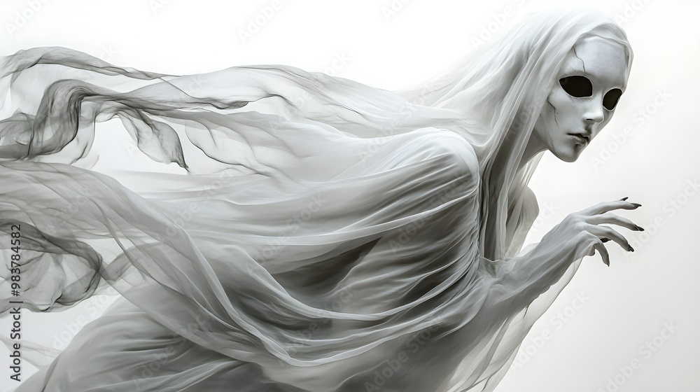 A ghostly bride in a flowing gown, wearing a haunting Halloween party mask, gothic horror style, ethereal lighting, isolated on white background A ghostly bride in a flowing gown, wearing a haunting Halloween party mask, gothic horror style, ethereal lighting, isolated on white background