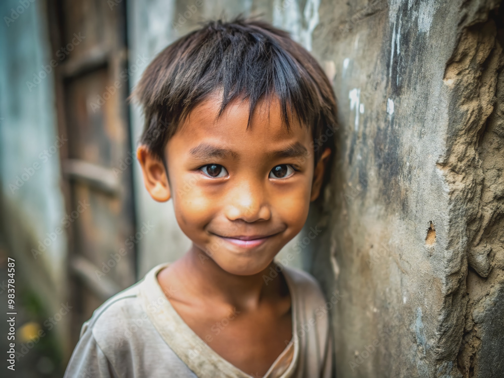 A tender-faced young Asian boy with a soft smile stands against a weathered wall, his bright eyes shining with hope in a poverty-stricken Manila neighborhood. A tender-faced young Asian boy with a soft smile stands against a weathered wall, his bright eyes shining with hope in a poverty-stricken Manila neighborhood.