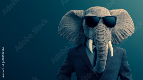 Funny photo of an elephant wearing a suit and sunglasses, standing against a teal background, mixing humor and business fashion.