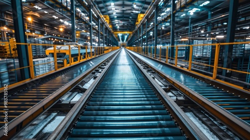 Conveyor belts in a large industrial facility, transporting goods through heavy machinery, steel beams supporting the plant