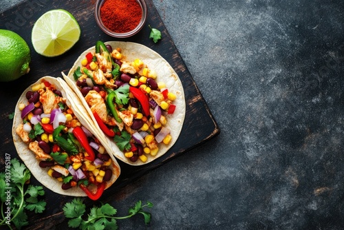 Two Chicken Tacos with Red Pepper, Corn, and Black Beans photo