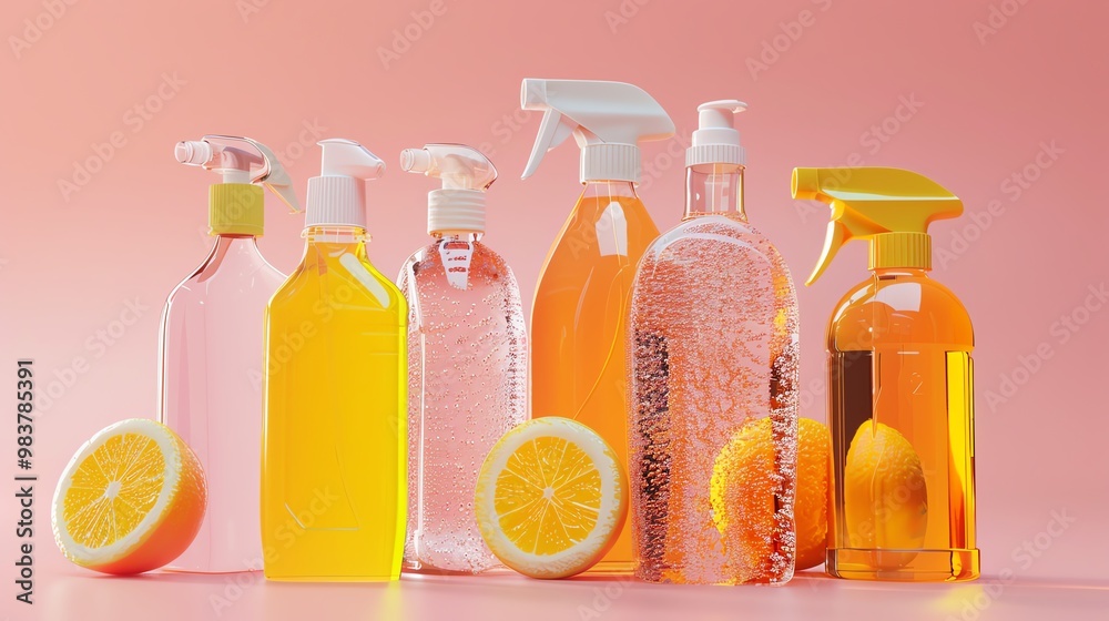 A 3D render of a set of car cleaning disinfectants A 3D render of a set of car cleaning disinfectants