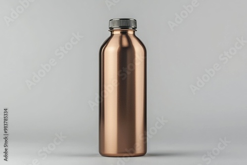 A Copper-Colored Water Bottle with a Black Lid on a White Background photo