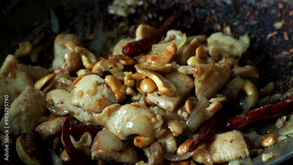 Frying chopped chicken with cashew nuts in pan , in door Chiangmai Thailand. Frying chopped chicken with cashew nuts in pan , in door Chiangmai Thailand.