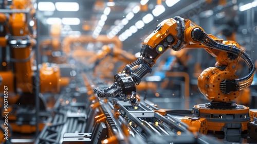 Futuristic factory floor, AI and IoT working together, advanced robotics assembling components, smart systems optimizing production, sleek industrial tech