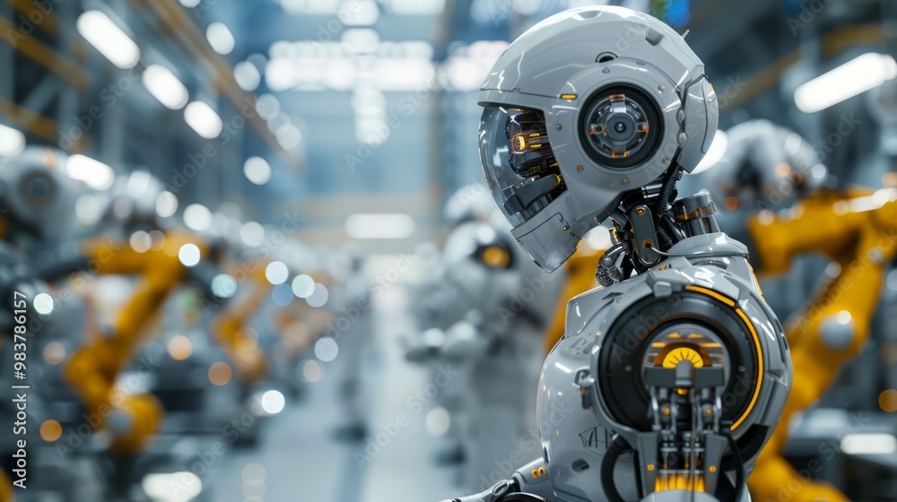 Industrial robot workers in protective clothing overseeing robotic arms assembling machinery parts on a busy factory floor, high-tech environment, efficient production