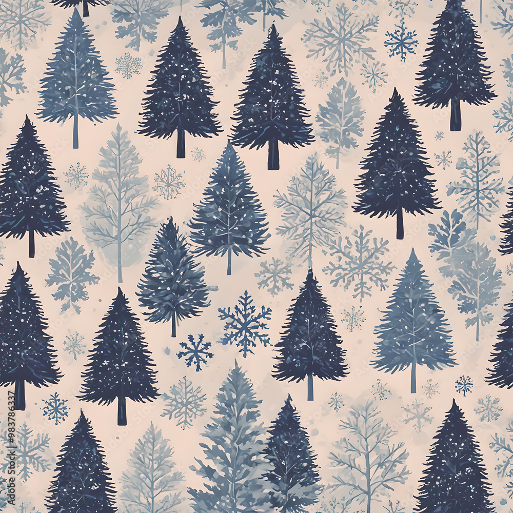 Obraz premium Seamless pattern of Scandinavian-style minimalist pine trees and snowflakes in soft whites and blues, perfect for winter or holiday-themed designs