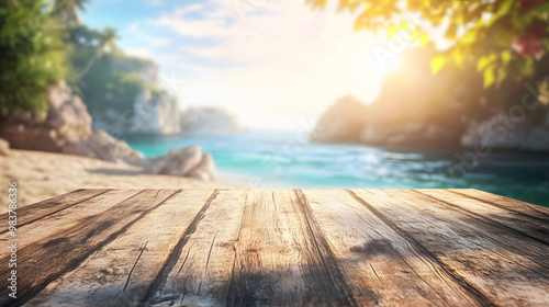 Wooden table on sandy beach, overlooking vast ocean with vibrant sunset photo