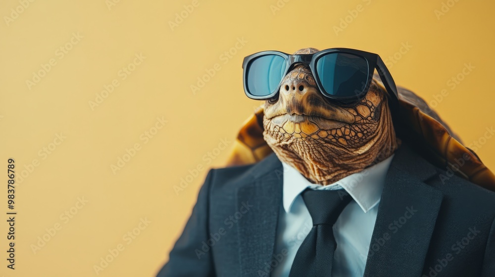 Humorous image of a turtle dressed in a suit and sunglasses, showcasing a playful blend of animal and human attire against a yellow background. Humorous image of a turtle dressed in a suit and sunglasses, showcasing a playful blend of animal and human attire against a yellow background.