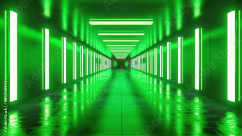 Immerse yourself in a neonlit corridor, a fusion of glowing panels and a chic runway, celebrating modern creativity.