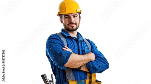 A professional builder in a blue outfit standing confidently against a clean white background, showcasing the essence of construction work, perfect for themes related to building, architecture, 