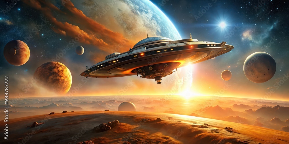 Obraz premium Realistic alien spaceship flying past a planet and over dusty terrain with glowing orange engines, alien, spaceship, space