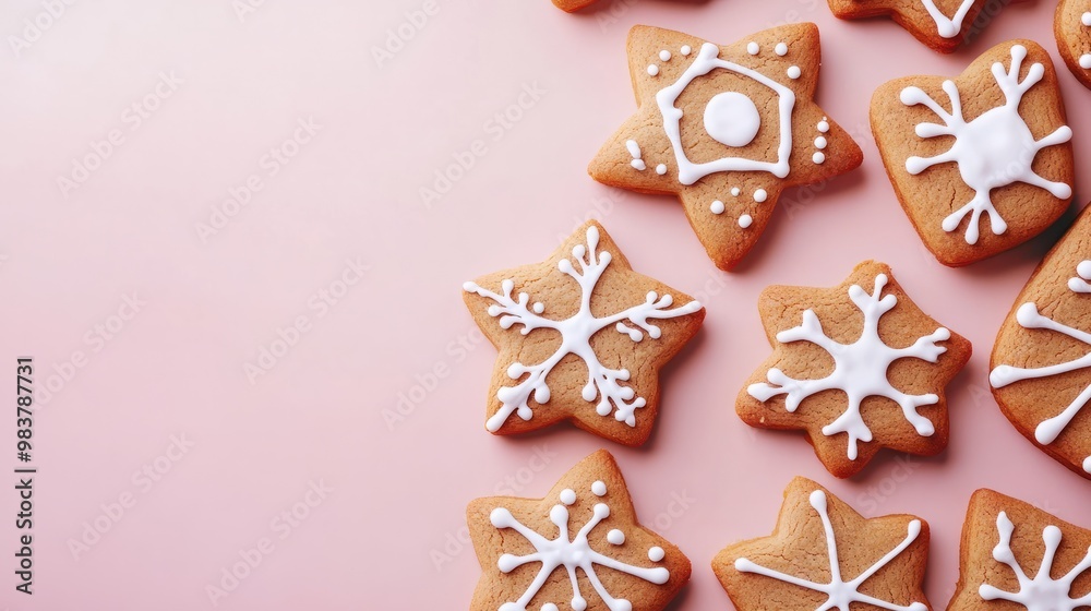 Delicious gingerbread cookies on isolated pastel background Copy space