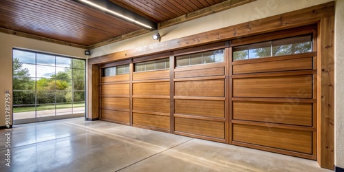 Interior of a segmented garage door showcases its mechanical workings, with horizontal panels sliding effortlessly photo