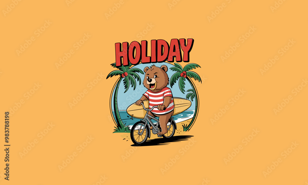 Bear on bike with surfboard, holiday beach scene. Bear on bike with surfboard, holiday beach scene.