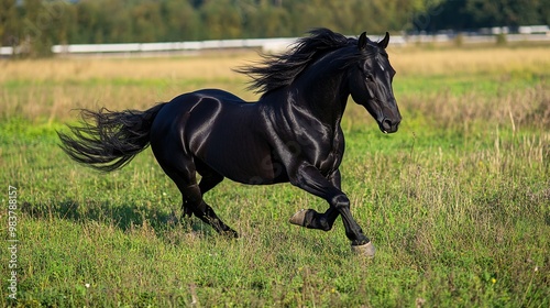 A striking black horse emitting a hissing sound, capturing the animal's powerful presence and unique vocalization, perfect for themes related to equine behavior, nature, or wildlife, photo